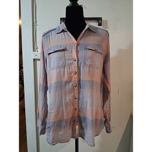 Toad&Co Airbrush LS Deco Shirt Womens Medium Peach Blue Plaid Organic Cotton